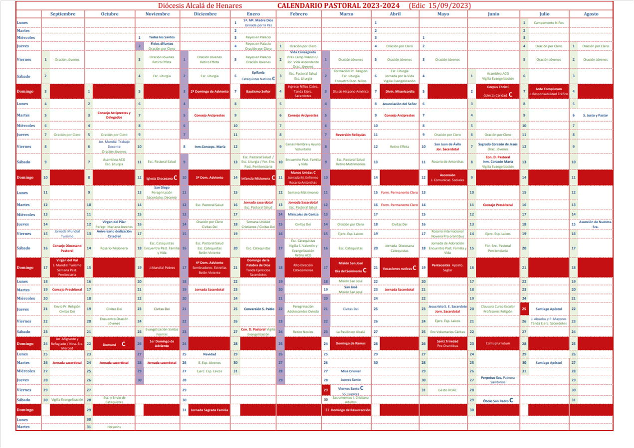 Calendario Pastoral 2023-2024 (en formato PDF) de la Diócesis de